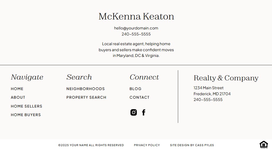 Real Estate Website Footer with Contact information